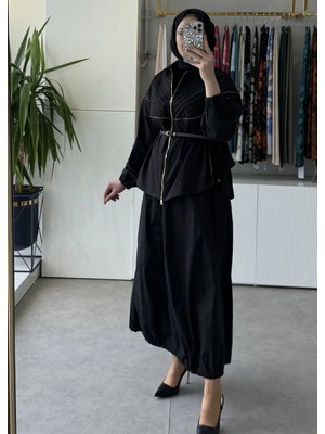 Misswhence 39307 Drape ve Fermuar Detaylı Ceket Etek Takım Siyah