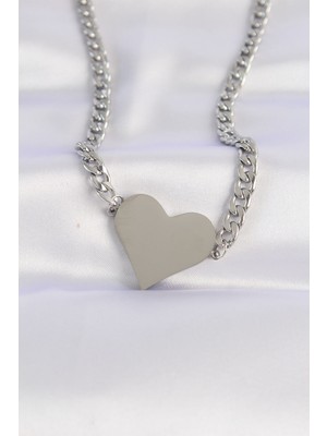 316L Çelik Zincir Gümüş Renk Düz Plaka Kalp Kolye