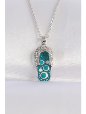 316L Çelik Zincir Zirkon Taşlı Gümüş Renk Nazarlı Terlik Tasarımlı Kolye