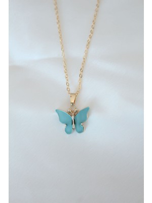 Gold Kaplama Turkuaz Renk Sedefli Kelebek Kolye