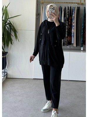 Tığ Triko Rahat Kesim Kapüşonlu Metal Taşlı Üst ve Pantolon Takım 5128 Siyah