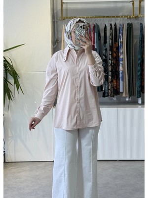 Tığ Triko Kuşgözü Özellikli Yaka Rahat Kalıp Büzgülü Kol Detaylı Gömlek 4043 Pembe