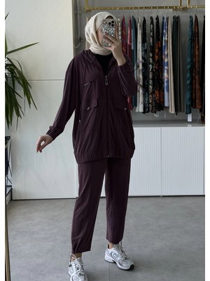 Tığ Triko Rahat Kesim Kapüşonlu Metal Taşlı Üst ve Pantolon Takım 5128 Bordo