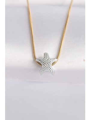 316L Çelik Zincir Altın Renk Zincirli Gümüş Renk Deniz Yıldızı Tasarımlı Kolye