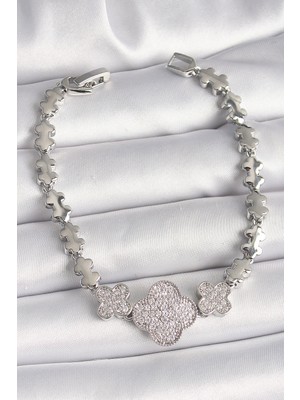 Pirinç Gümüş Renk Zirkon Taşlı Yonca Model Zincir Model Kadın Bileklik