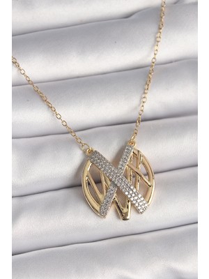316L Çelik Gold Renk Zirkon Taşlı Vintage Model Kadın Kolye