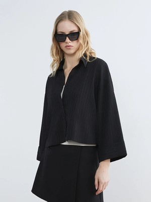 Lc Waikiki Siyah Çizgili Oversize Kadın Gömlek