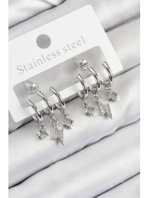 Pirinç Zirkon Taşlı Şimşek Model Gümüş Renk Kadın Küpe