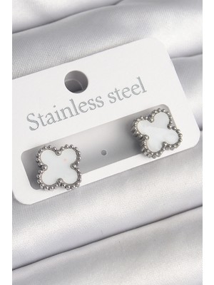 316L Çelik Gümüş Renk Beyaz Yonca Model Kadın Küpe