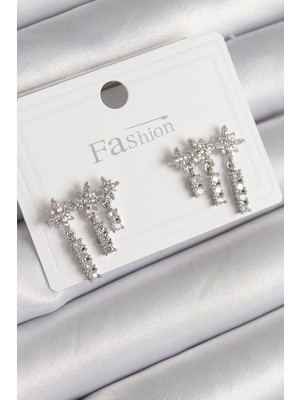 Pirinç Gümüş Renk Zirkon Taşlı 3'lü Sallantı Yıldız Model Kadın Küpe