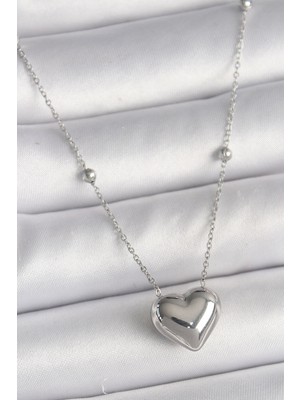 316L Çelik Gümüş Renk Topçuk Detay Zincir Kalp Model Kadın Kolye