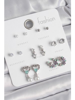 Pirinç Gümüş Renk Zirkon Taşlı Sallantılı Kalp Model Çiçek Detay 7 Çift Kadın Küpe Seti