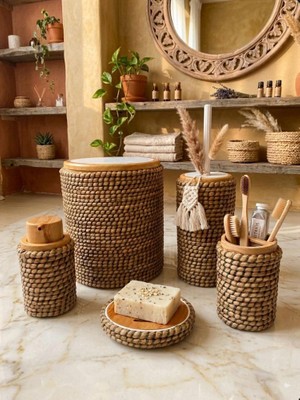 Hüco Bazaar Şık Makrome Sarımlı Hasır Görünümlü 5 Parça Banyo Takımı (Yeşil)