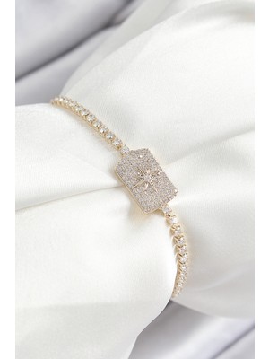 Pirinç Zirkon Taşlı Kutup Yıldızı Model Gold Renk Asansörlü Kadın Bileklik