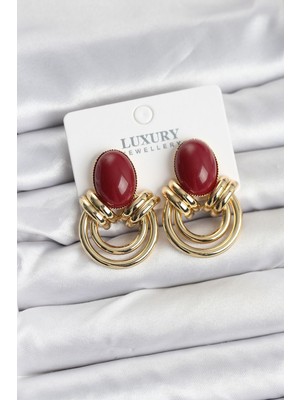 Pirinç Gold Renk Bordo Taşlı Vintage Kadın Küpe