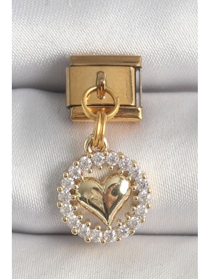 316L Çelik Gold Renk Sallantı Zirkon Taşlı Kalp Model Nomination Charm