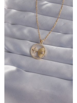 316L Çelik Zincir Gold Renk Zirkon Taşlı Yıldız Figürlü Oval Kolye