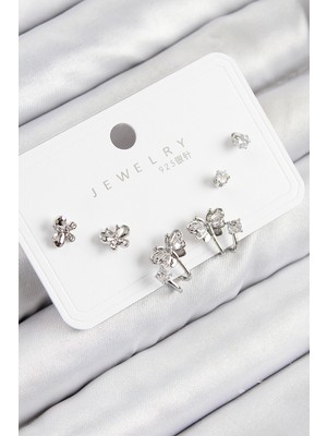 Pirinç Zirkon Taşlı Kelebek Model Gümüş Renk 925 Ayar Gümüş Çivi Kadın Küpe Set