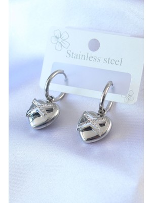 316L Çelik Gümüş Renk Zirkon Taş Detay Kalp Model Kadın Küpe