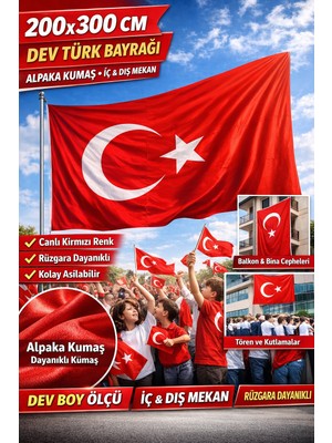Herşey Nota 200X300 cm Büyük Boy Alpaka Türk Bayrağı – Dayanıklı, Canlı Renkli, Dev Boy Bayrak