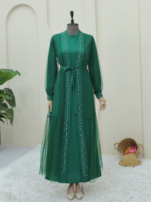 Modamorfo Önü Taş ve Inci Detaylı Beli Bağcıklı Ikili Abaya -Yeşil