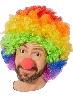 Gökkuşağı Afro Peruk ve Kırmızı Sünger Burun