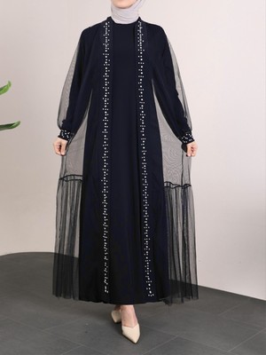 Moda Morfo Önü Taş Ve İnci Detaylı Beli Bağcıklı İkili Abaya -Laci