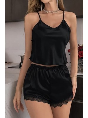Visatin Dantel Işlemeli Saten Gecelik Şortlu Takım 1133