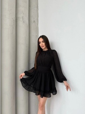 Marsilyan- Kadın Yarım Balıkçı Yaka Kolları Transparan Astarlı Full Şifon Elbise