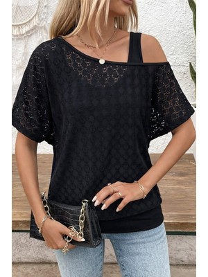 Deridün Yıldız Shoes Kadın Askılı Yuvarlak Yaka Viskon Atlet ve Yarasa Kollu Omuzdan Açık Dantel Bluz Ikili Takım