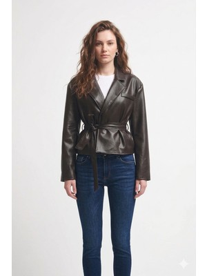 Prifaldi Pb Kruvaze Kuşaklı Kahverengi Deri Ceket