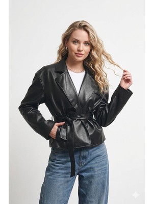 Prifaldi Pb Kruvaze Kuşaklı Siyah Deri Ceket