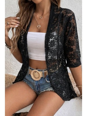 Arben Boutique Kadın Kısa Kollu Önü Açık Dantelli Ceket