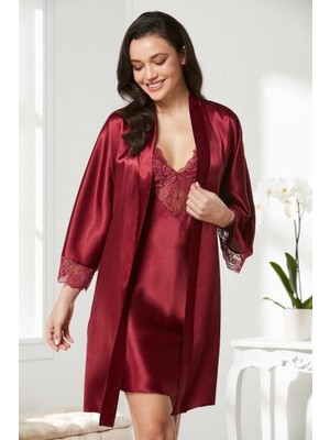 Pierre Cardin Saten Dantelli Gecelik Sabahlık Takım 4280 Bordo