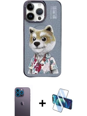 iPhone 13 Pro Max Siluet Modern Özel Seri - Siyah 3D Antistatik Cam Ekran Koruyucu + Mavi Neon Fosforlu Kamera Lens