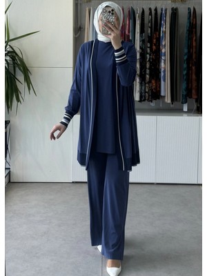 Tığ Triko Çizgili Ribana Detaylı Içi Atletli 3'lü Takım 5112 Indigo