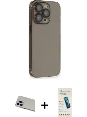 Cepte Toptan iPhone 13 Pro Max Siluet Minimal Özel Seri - Şeffaf Pasifik Cam Ekran Koruyucu + Mor Rainbow Kamera Lens Koruma Cam