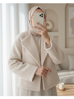 Modamorfo Şal Yaka Astarlı Cepli Buklet Ceket -Ekru