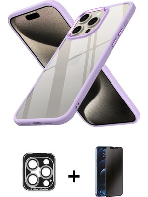 iPhone 15 Pro Max Nova Işık Serisi - Siyah 3D Antistatik Hayalet Cam Ekran Koruyucu + Gümüş Pvd Metal Kamera Lens