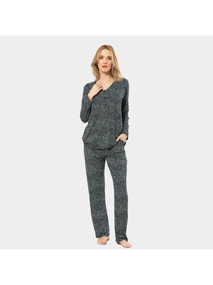 Türen Çiçek Desenli Uzun Kollu Patli Pijama Takimi 3382/YEŞIL