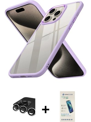 iPhone 15 Pro Max Nova Işık Serisi - Şeffaf Pasifik Cam Ekran Koruyucu + Gümüş Raze Metal Kamera Lens