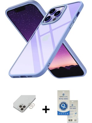 Cepte Toptan iPhone 14 Pro Max Nova Işık Serisi - Şeffaf Royal Nano Ekran Koruyucu + Gold Band Metal Kamera Lens