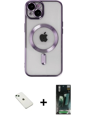 Cepte Toptan iPhone 14 Nova Işık Özel Seri - Şeffaf 360 Full Body Arka Koruyucu + Yeşil Diamond Kamera Lens