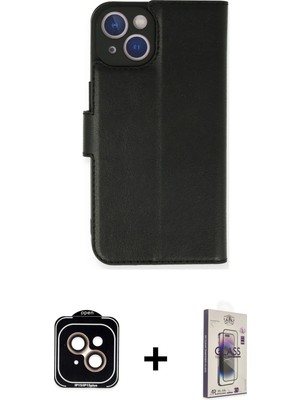 Cepte Toptan iPhone 14 Siluet Işık Serisi - Siyah Bilvis 3D Cam Ekran Koruyucu + Turuncu Pvd Metal Kamera Lens