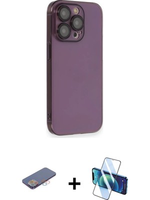 Cepte Toptan iPhone 13 Pro Max Siluet Minimal Özel Seri - Siyah 3D Antistatik Cam Ekran Koruyucu + Pembe Renkli Kamera Lens Koruma Cam