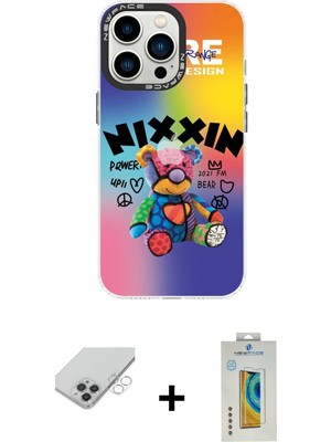 iPhone 14 Pro Max Siluet Çizgi Koleksiyonu - Siyah Polymer Nano Ekran Koruyucu + Gümüş Band Metal Kamera Lens