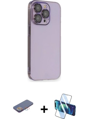 Cepte Toptan iPhone 13 Pro Max Siluet Minimal Özel Seri - Siyah 3D Antistatik Cam Ekran Koruyucu + Pembe Renkli Kamera Lens Koruma Cam