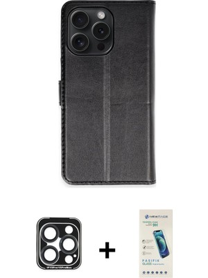 Cepte Toptan iPhone 15 Pro Max Siluet Işık Serisi - Şeffaf Pasifik Cam Ekran Koruyucu + Lacivert Pvd Metal Kamera Lens