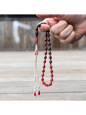 Ateş Kehribar Tesbih Otağı Damla Kesim Kırmızı Siyah Metal Malzeme ile 11 x 7 mm Tane Ölçüsü