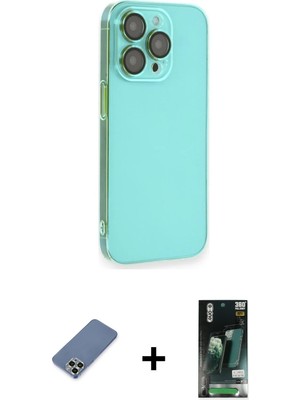 Cepte Toptan iPhone 13 Pro Max Siluet Minimal Özel Seri - Şeffaf 360 Full Body Arka Koruyucu + Açık Yeşil Metal Kamera Lens Koruma Cam